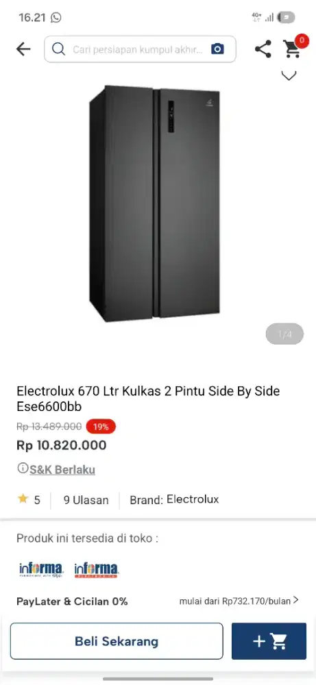 Promo kulkas electrolux side by side