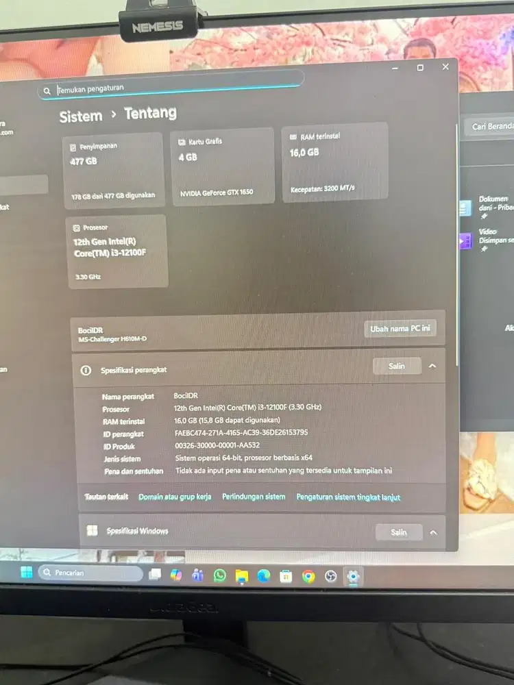 Dijual pc dan monitor full set i3 12100F