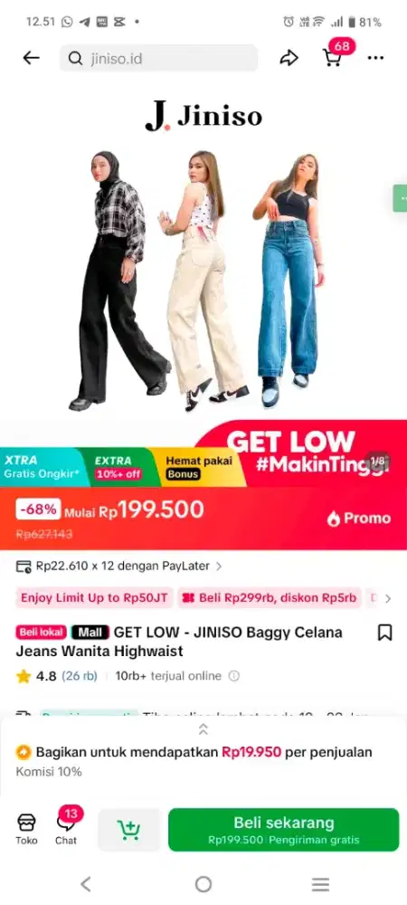 Jiniso Baggy Celana Jeans Wanita Highwaist