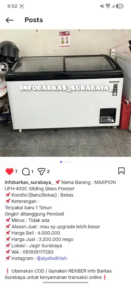 Dijual Bekas Freezer Bukaan Atas (sliding) Maspion 400lt