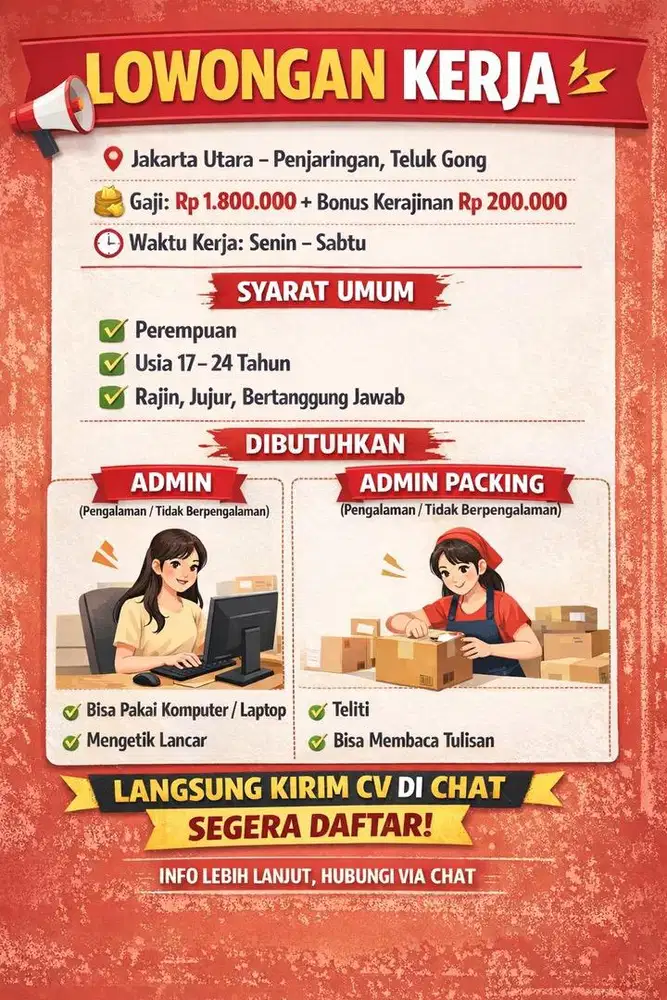 UNTUK YANG SERIUS KERJA KIRIM LANGSUNG CV DI CHAT YA