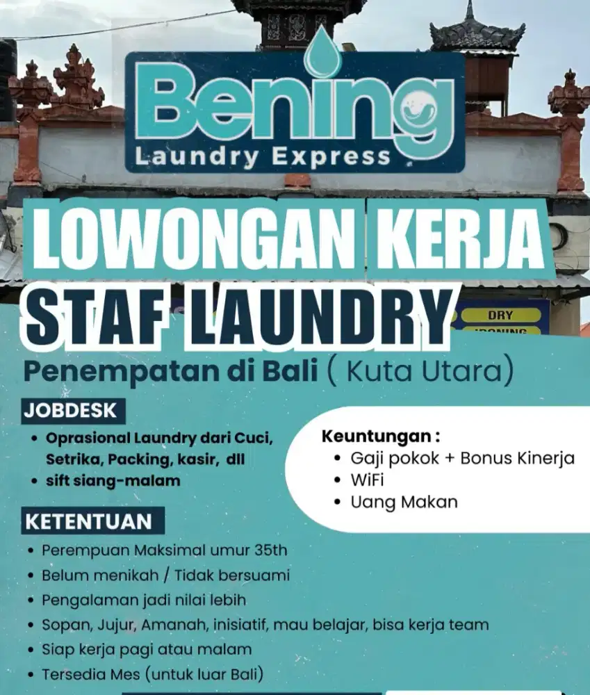 Karyawan / Staf Laundry ada mes buat luar bali