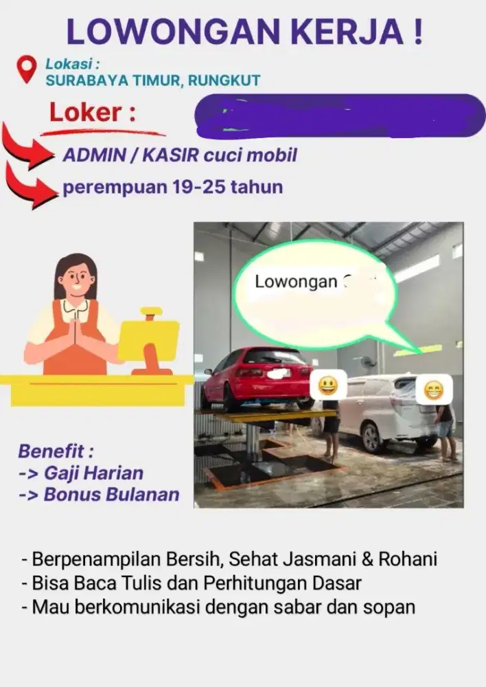 Admin / Kasir untuk Bengkel Cuci Mobil lowongan kerja loker