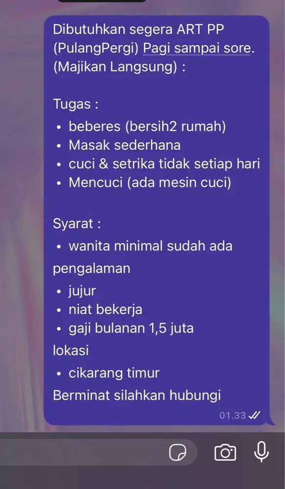 Lowongan kerja ART Pulang Pergi