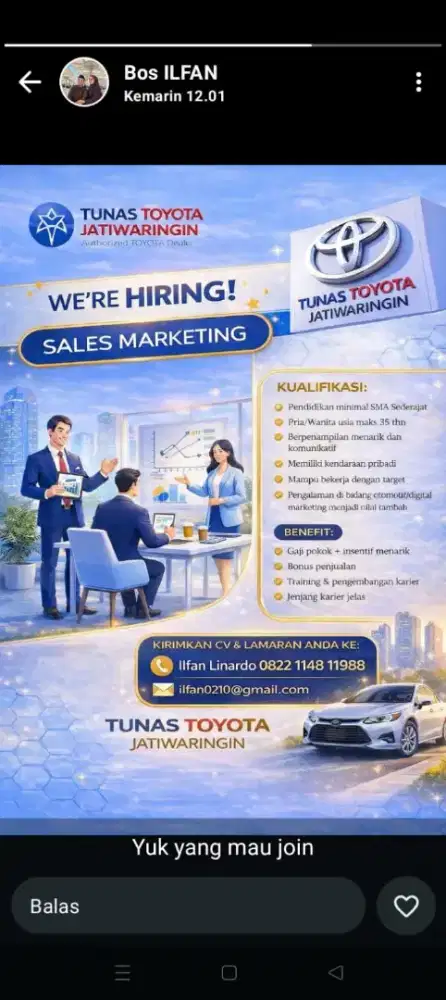 LOWONGAN SALES MARKETING TOYOTA JATIWARINGIN