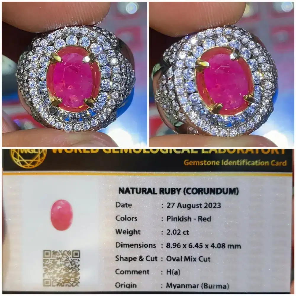 Cincin perak natural Ruby 2.02ct Burma myanmar heated only memo WGL
