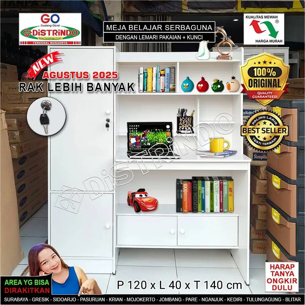 Meja Belajar BEST SELLER Besar + 4 Lemari Serbaguna + KUNCI