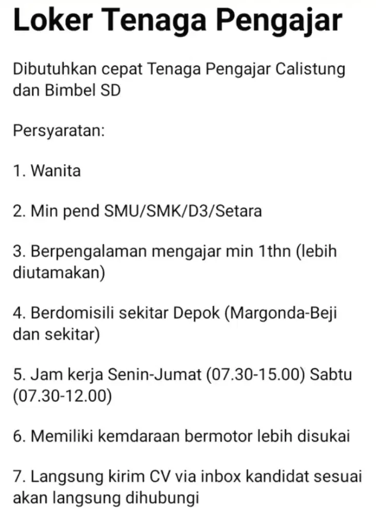 Urgent dibutuhkan tenaga pengajar