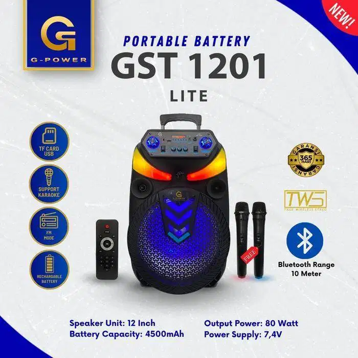 Speaker Portable Bluetooth G-POWER Gst 1201 Lite 12inch Super Bass Kar