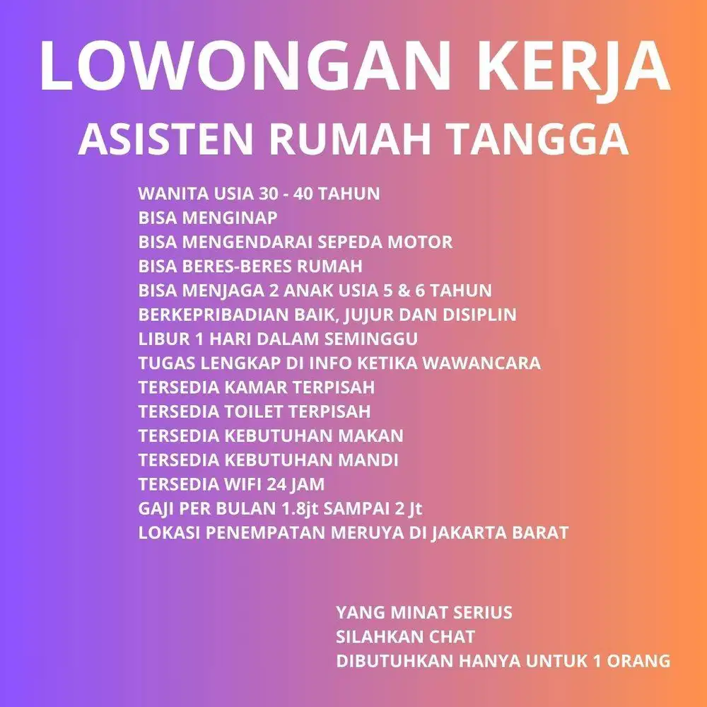 DIBUTUHKAN ASISTEN RUMAH TANGGA - DAERAH MERUYA JAKARTA BARAT