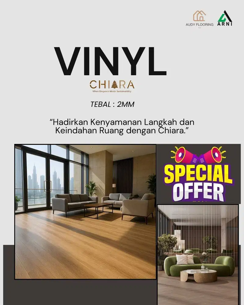 Vinyl Chiara Flooring tebal 2mm | Motif kayu dan stone