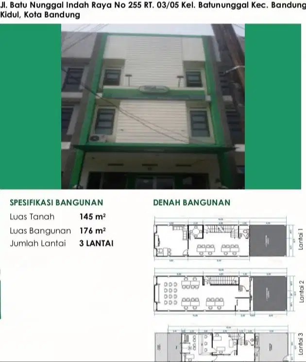 Ruko 3 Lantai Batununggal Indah + 2 lahan parkir depan dan belakang