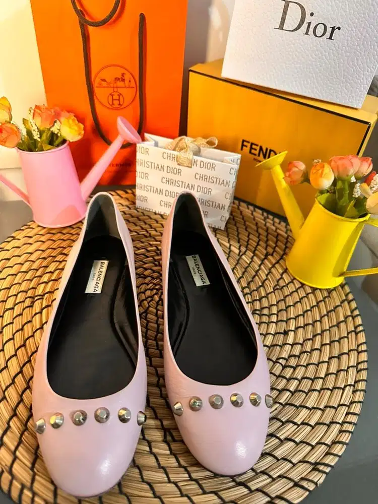 Preloved Balenciaga Leather Ballets Flats with Silver Studs Authentic