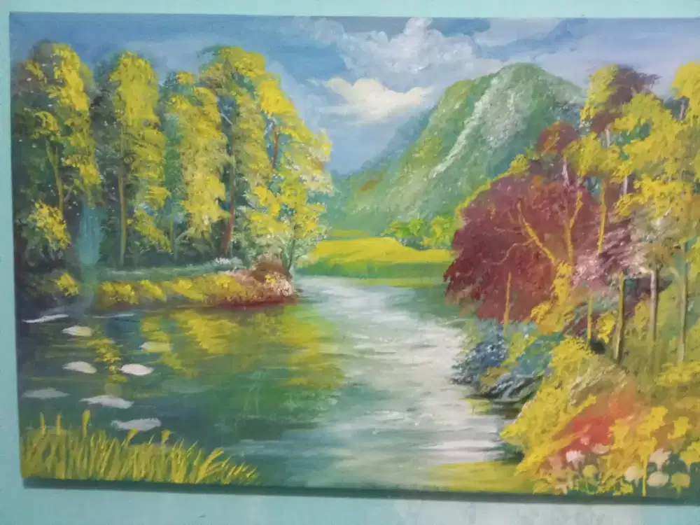 Lukisan pemandangan bahan kanvas dan cat akrilik