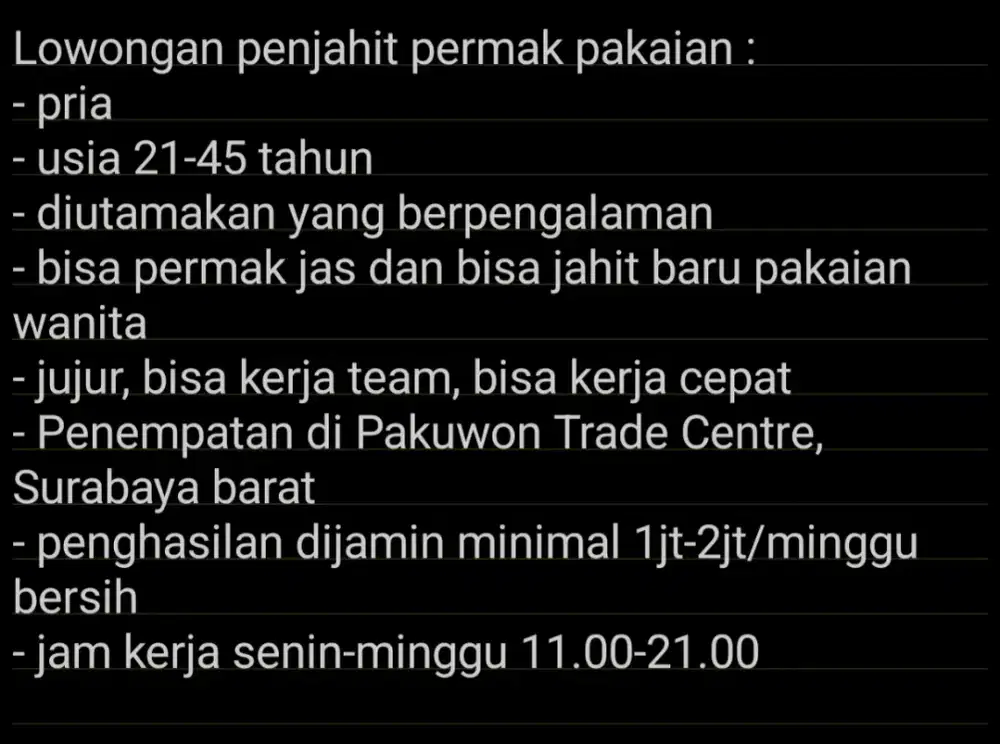 Lowongan Penjahit permak ri PTC Surabaya Barat