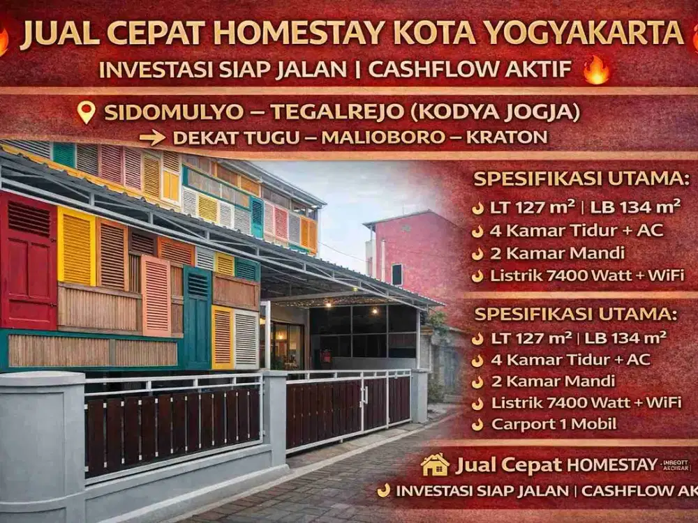 HOMESTAY SIAP JALAN DI JANTUNG KOTA JOGJA – CASHFLOW HARIAN, LOKASI EMAS!