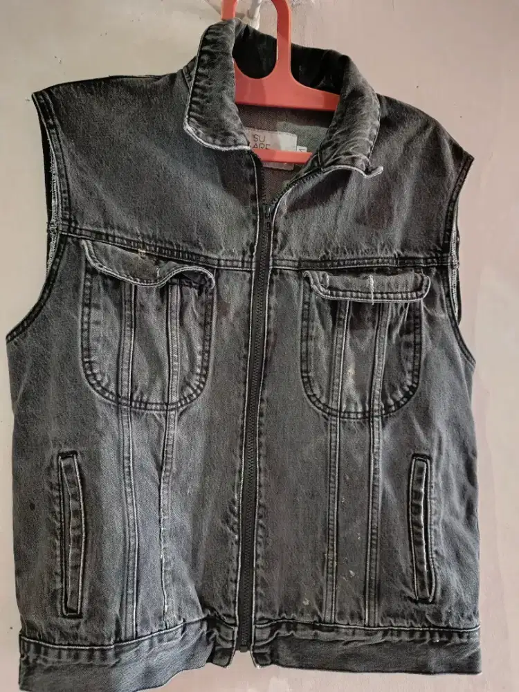 Rompi jeans ziper tebal black wash