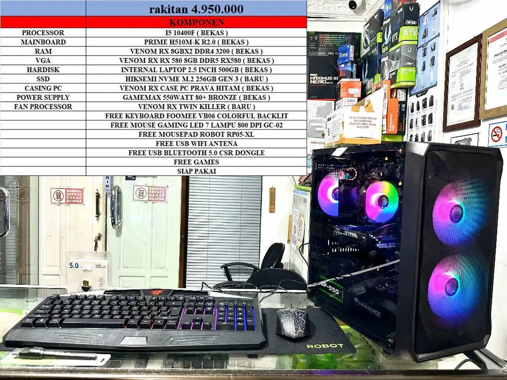RAKITAN PC SIAP PAKAI I5 1040F0 RAM 16GB RX580 SSD+HDD 756GB PC ONLY