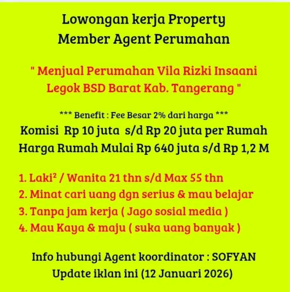 Lowongan kerja AGENT Property Legok BSD