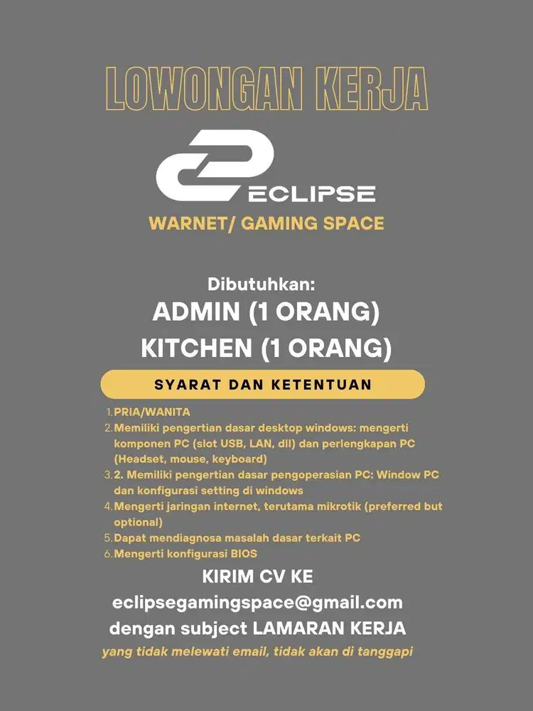 Dibutuhkan Admin dan Kitchen Warnet Jakbar