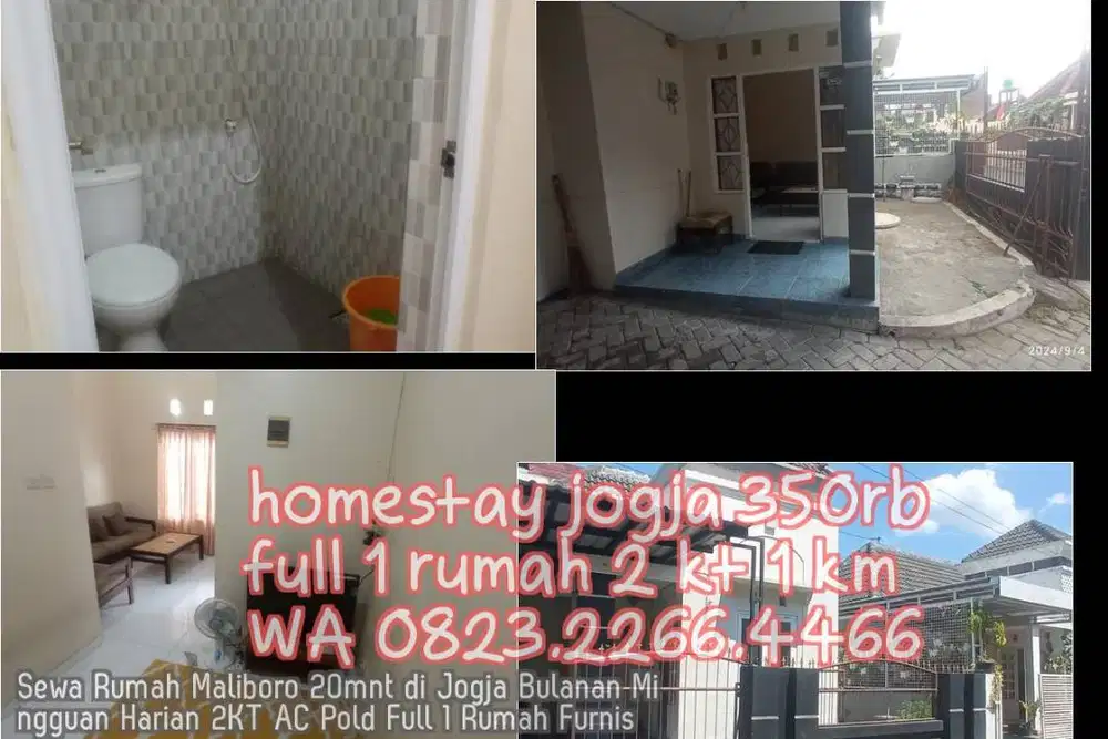 Sewa Rumah Maliboro 20mnt di Jogja Bulanan Mingguan Harian 2KT AC Pold