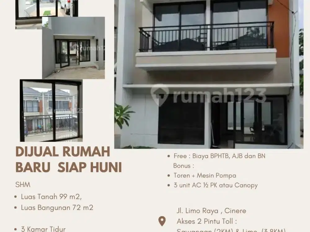 Rumah 2 Lantai Hoek, Cluster di Limo Cinere Depok Free Biaya2 & Bonus.