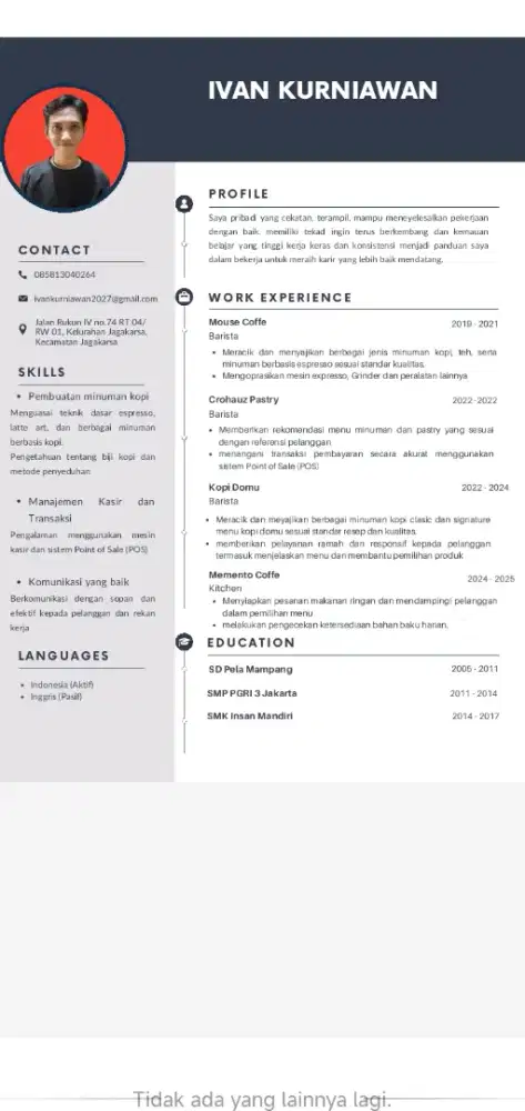 Mencari lowongan baristaa, terimakasih