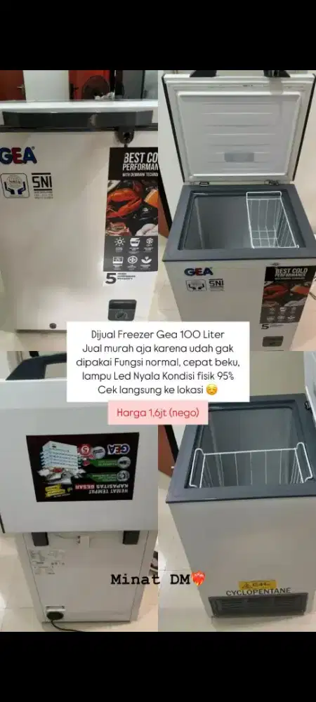 Freezer 100L bekas kondisi normal fisik 95%