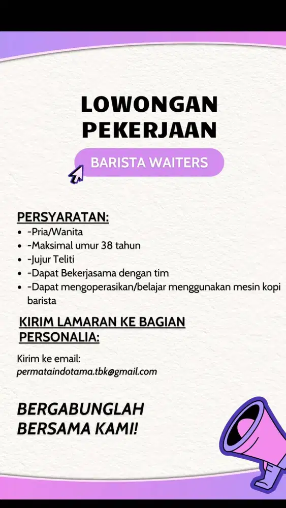 Dibutuhkan karyawan baru barista dan waiters