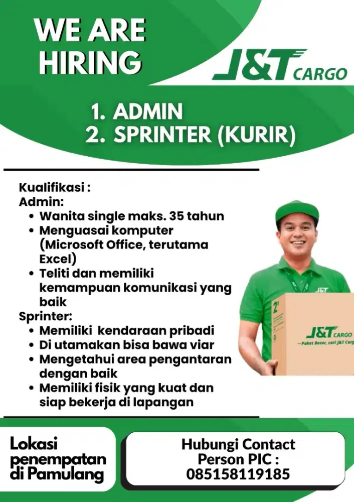 Dibutuhkan Admin & Sprinter JNT CARGO