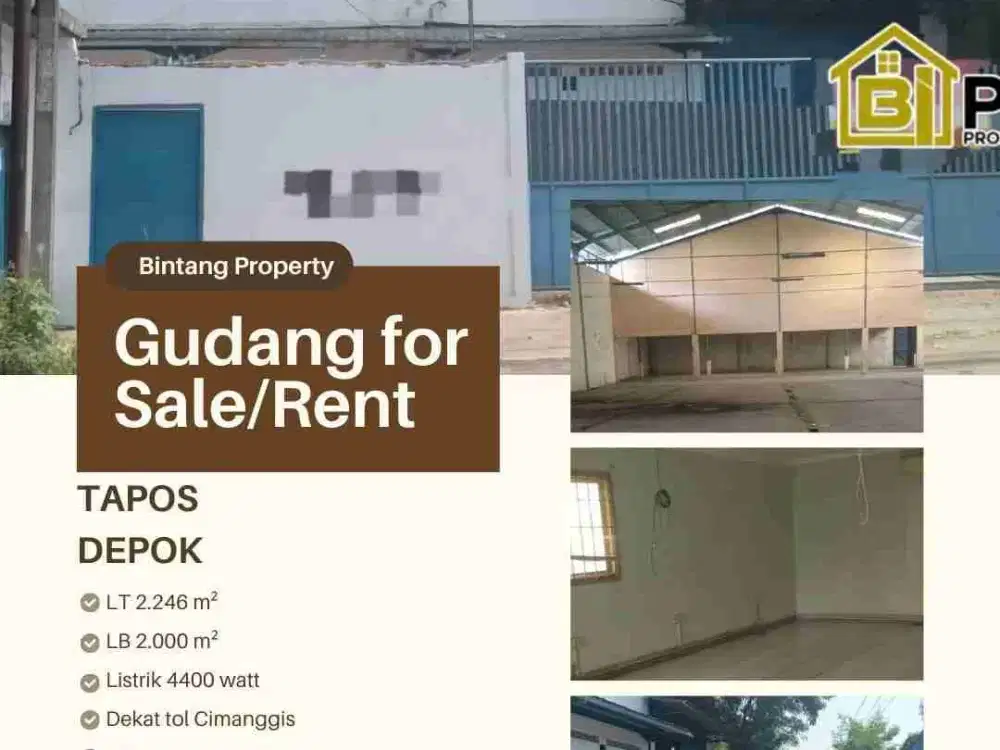 DIJUAL DAN DISEWAKAN GUDANG DI CIMANGGIS TAPOS DEPOK DEKAT TOL GUNUNG PUTRI CIBUBUR