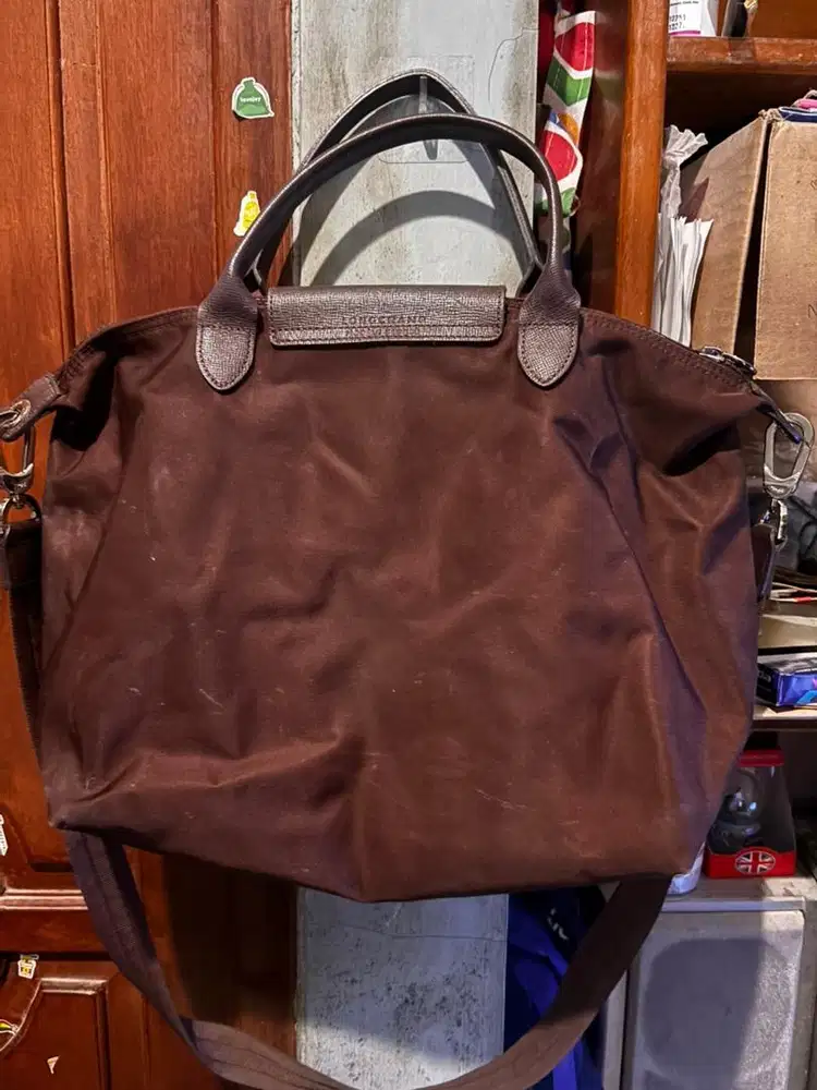 Tas Longchamp Ori 100%  Le Pliage Brown Canvas Medium Size Preloved