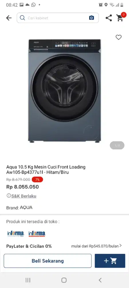 Aqua mesin cuci frontloading 10,5kg