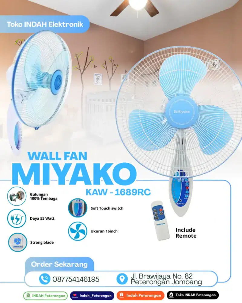 KIPAS ANGIN DINDING MIYAKO 1689RC (Remot)