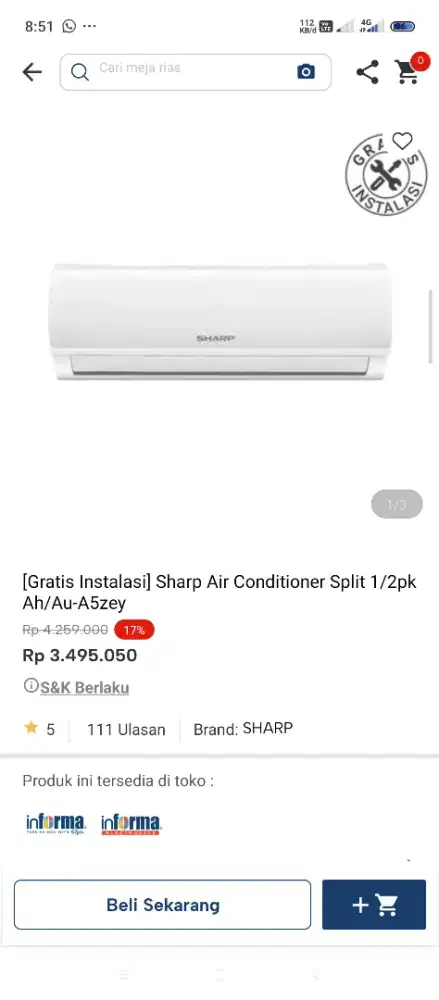 AC SHARP 1/2 PK Gratis instalasi cicilan tanpa dp pakai indodana