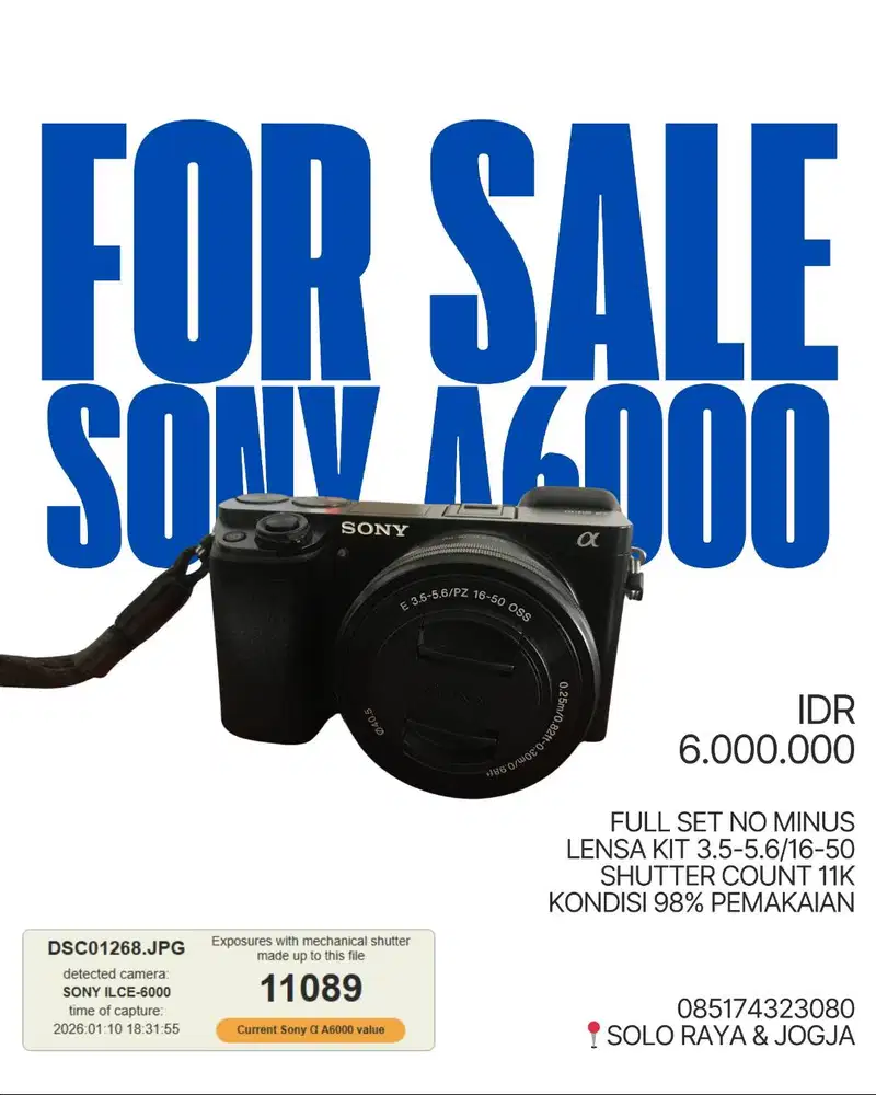 Kamera Mirrorless Sony A6000 Fullset + Lensa Kit