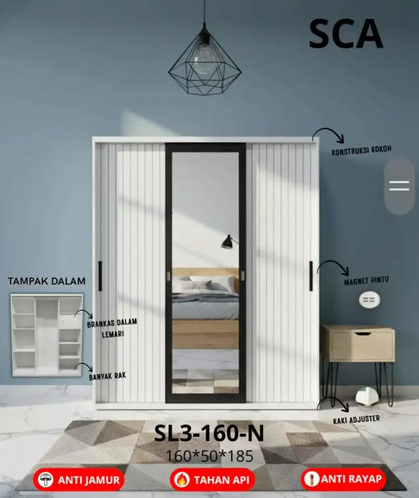 Lemari baju bahan besi pintu geser 3 pintu jumbo