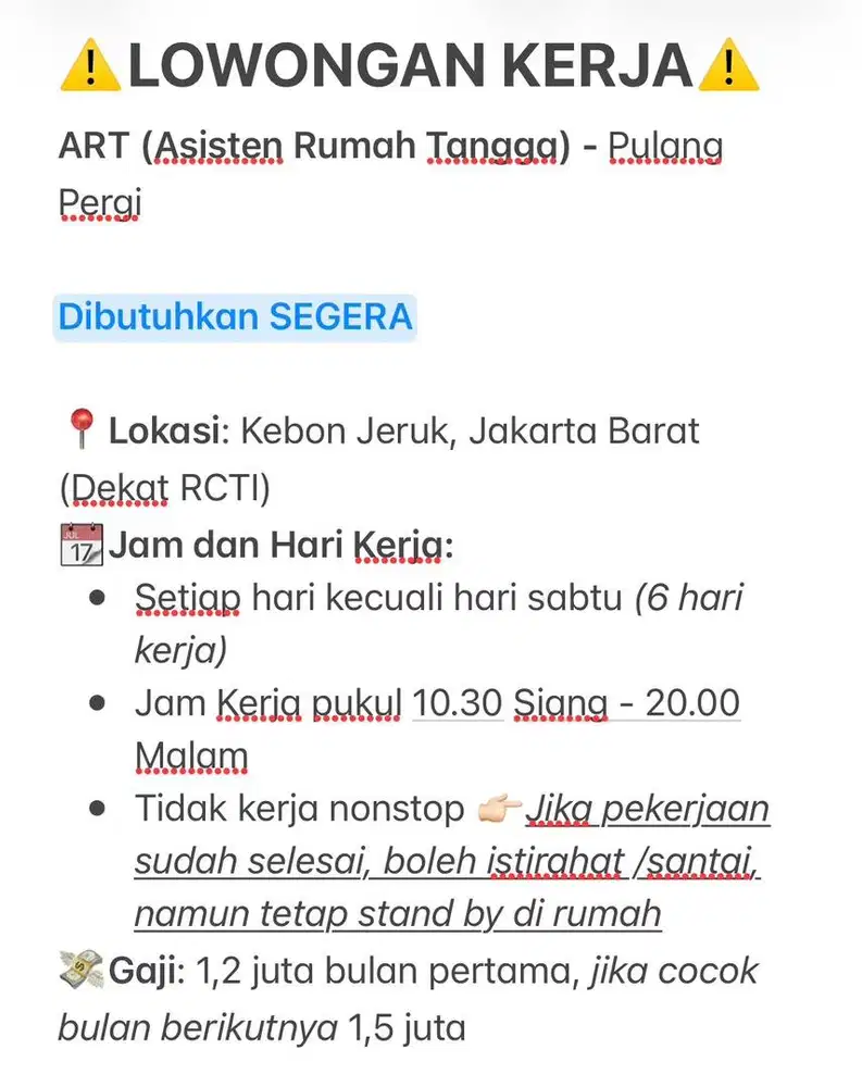 LOWONGAN KERJA ART (Asisten Rumah Tangga)