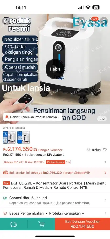 Konsentrator udara portable 9L / mesin bantu pernapasan rumah