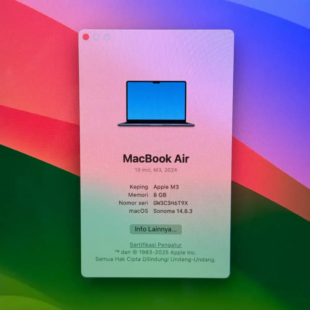 Macbook Air M3 Ram 8 Ssd 256 Layar 13 inch Full set Ibox januari 2027