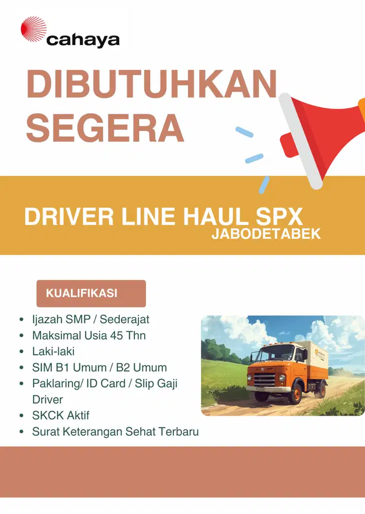 LOWONGAN DRIVER CDD,WB DAN BIGMAMA. PENEMPATAN AREA JABODETABEK