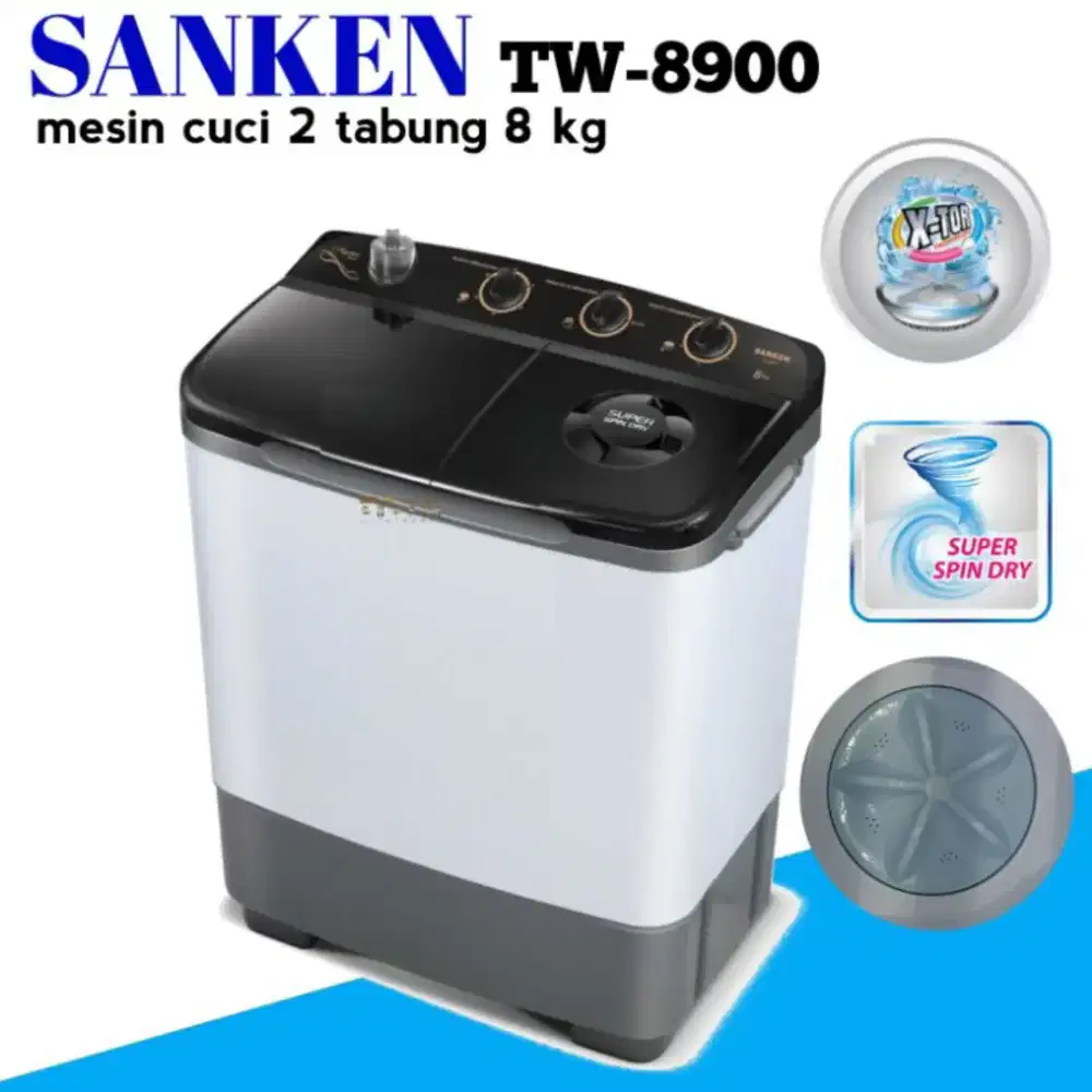 Bisa Cicilan.Sanken Mesin Cuci 2Tabung 8Kg TW-8900BK Super Spin Dry
