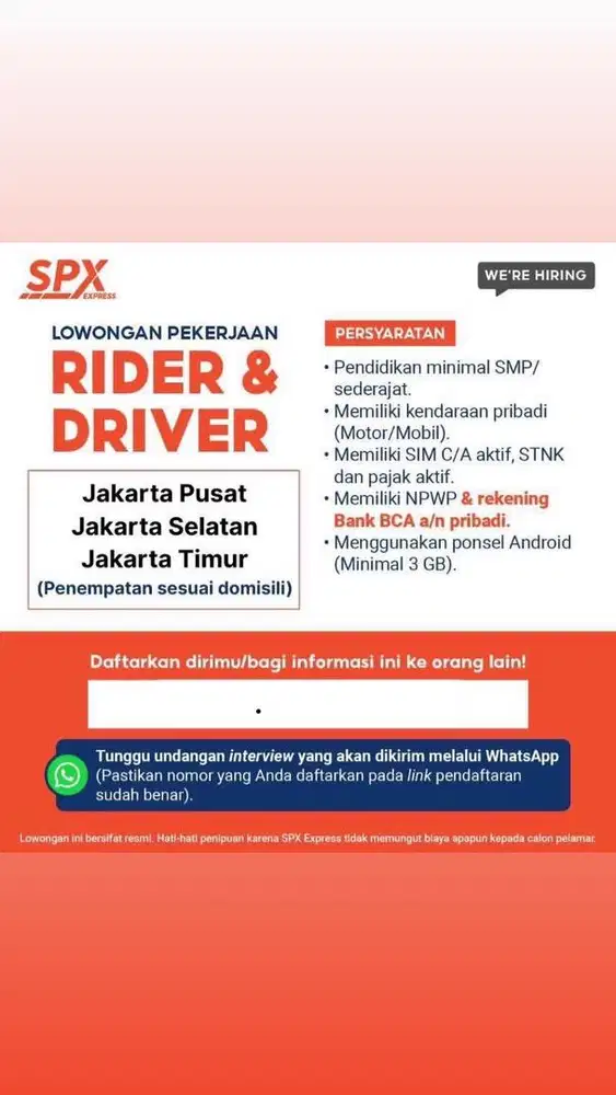LOWONGAN KERJA SPX EXPRESS KURIR MOTOR DAN MOBIL AREA JAKARTA
