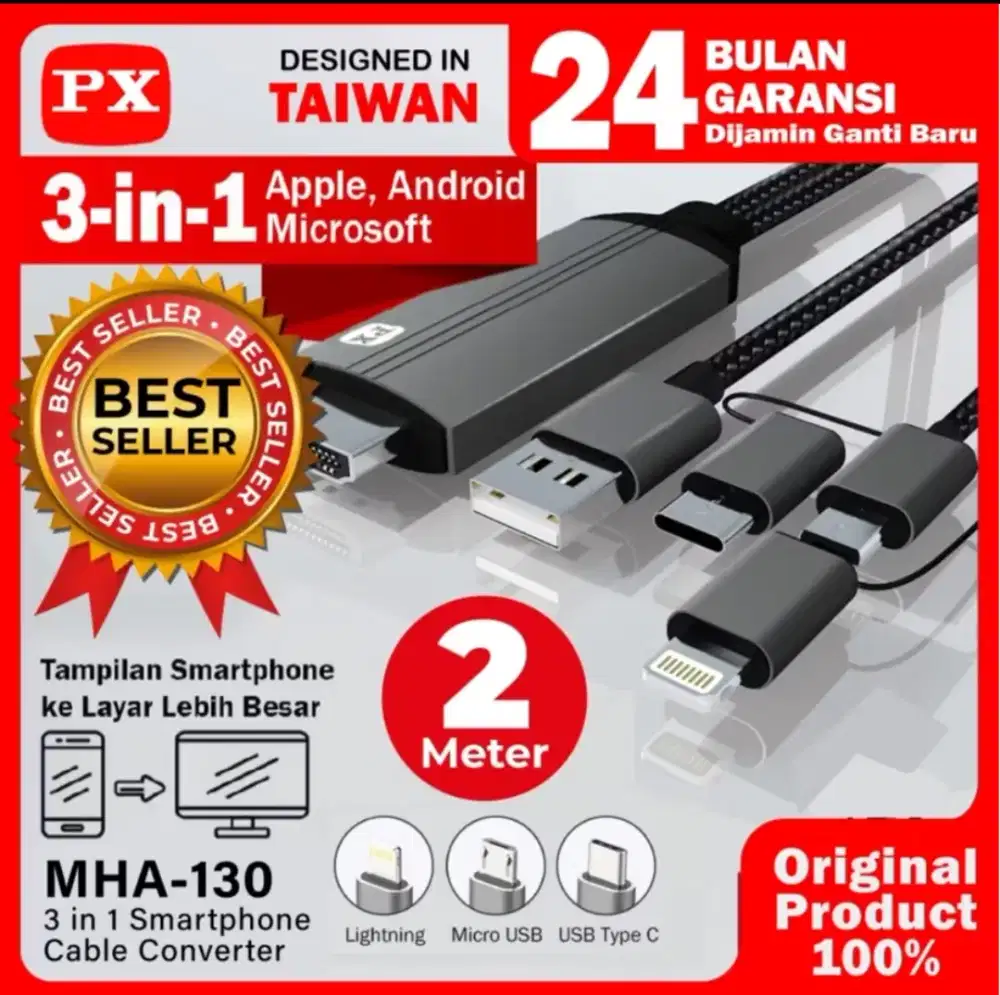Kabel HDMI ke Type C USB/Micro/Lighting Converter 3in1 2M PX MHA-130