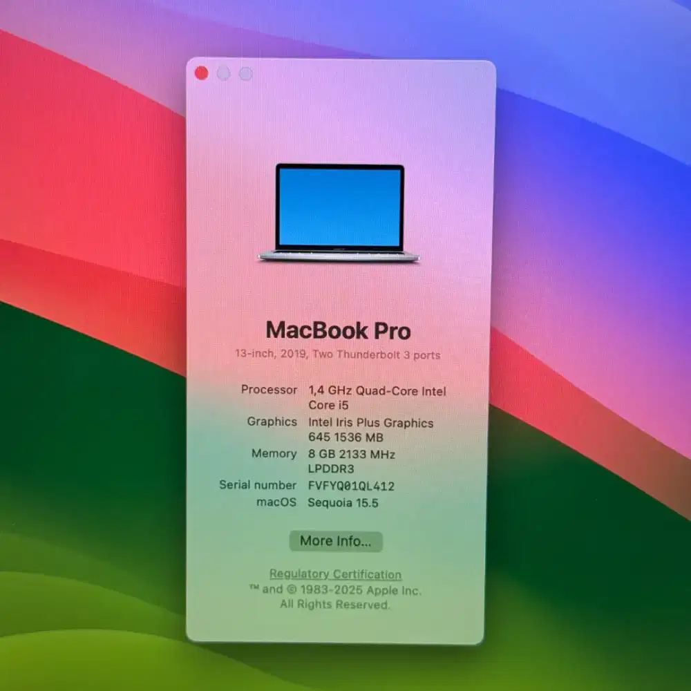 Macbook Pro 2019 layar 13 inch Ram 8 Ssd 256 Silver