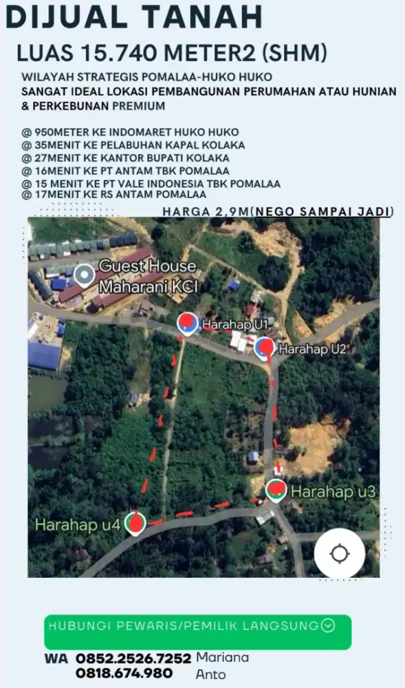 DIJUAL. SHM, Di Pomalaa Ds Huko-Huko, pas u/ perumahan & kebun premium