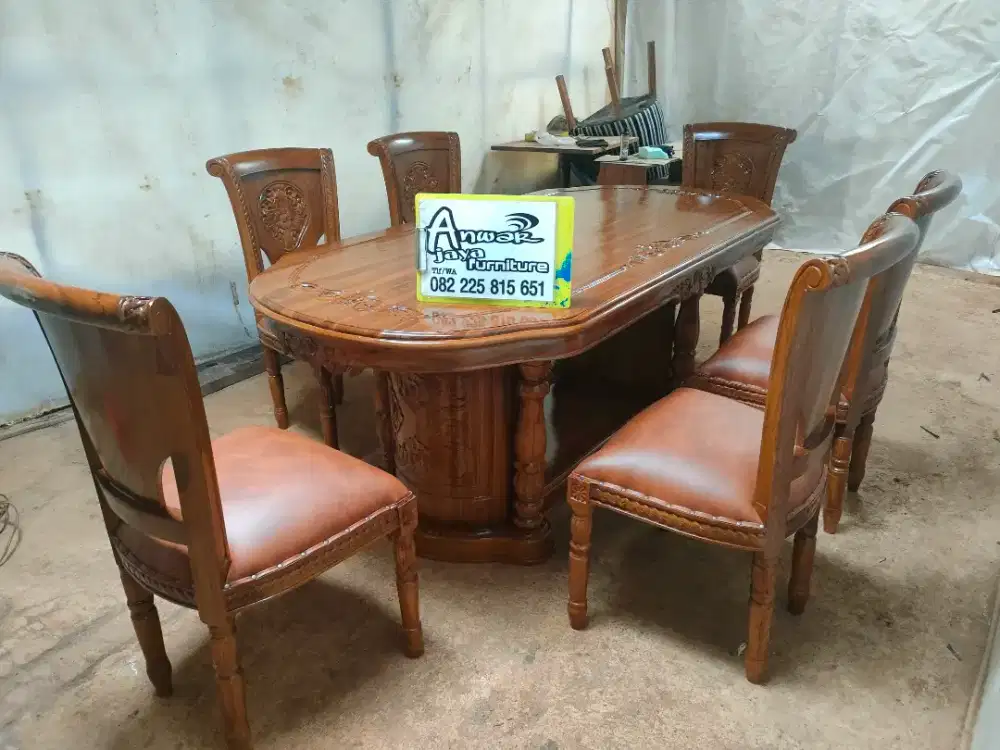 Meja makan gendong salina set kaca meja full kayu jati