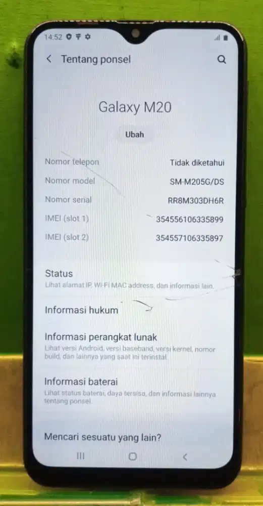 Samsung galaxy M20 ram 3/32
Minus
Retak normal pakai