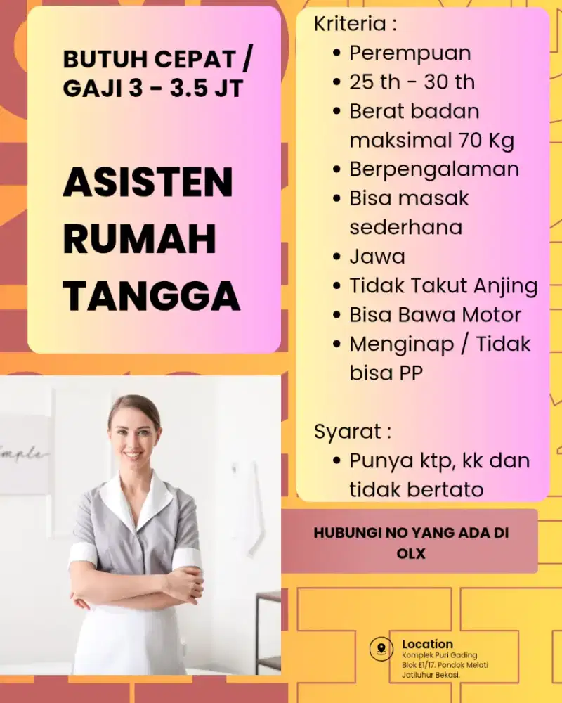 Butuh Cepat ART / Lowongan ART Penempatan di Jakarta