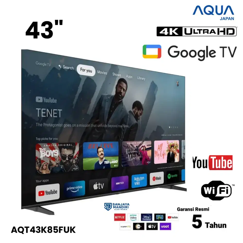 AQUA Japan 4K UHD Google TV AQT43K85F HDR10 Dolby Audio Garansi Resmi